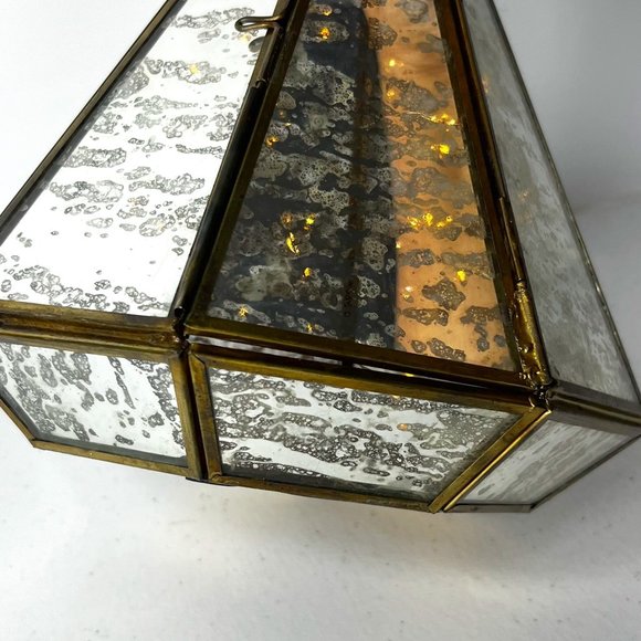 Mercury Glass Octagon Brass Lantern with LED Lights Strings 3 AAA Batteries Open - Picture 7 of 14